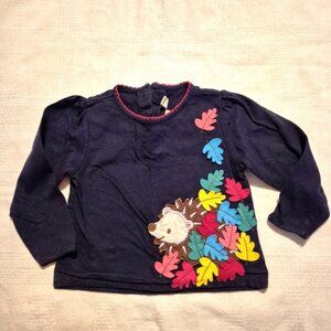 Jojo Maman Bébé girls size 12-18 months navy hedgehog with leaves shirt, guc